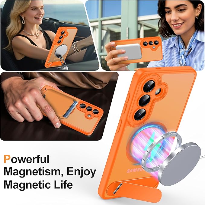 Magnetic for Samsung Galaxy S26 Case, [Compatible with MagSafe][Full Camera Protection][Built-in Invisible Kickstand] Translucent Matte Phone Case for S26 6.3" - Orange