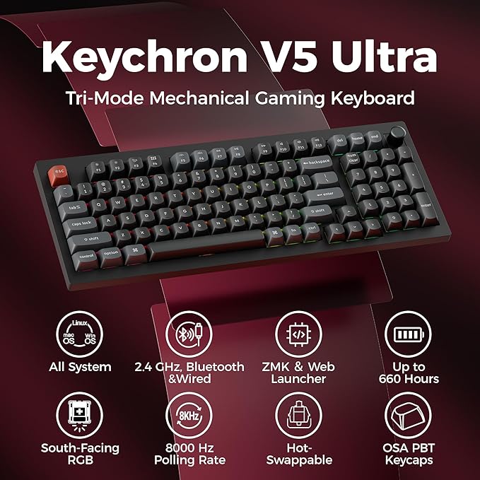 Keychron V5 Ultra 96% Wireless Mechanical Keyboard with 8000Hz Polling Rate & NKRO, Hot-Swappable RGB, Brown Switches, 97 Keys, 2.4GHz/Bluetooth/Wired, OSA PBT Keycaps, for Mac/Win/Linux- Black