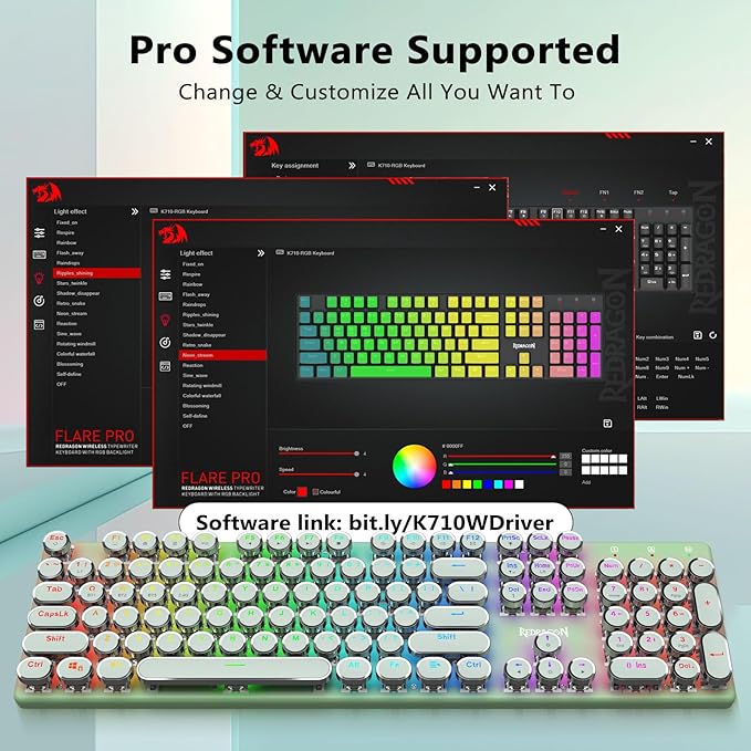 Redragon K710 Wireless Typewriter Mechanical Gaming Keyboard, Bluetooth/2.4Ghz/Wired, RGB Led Backlit, Blue Switch - Clicky, Rechargeable, Solid Metal Panel, Round Keycaps, Green