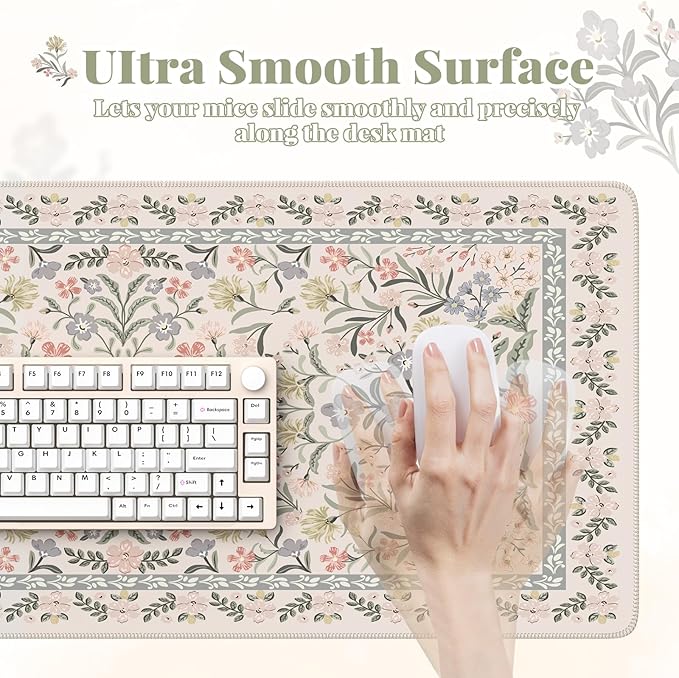 HAOCOO Vintage Floral Desk Mat, Boho Botanical Mouse Pad with Non-Slip Base, XXL Large Keyboard Mat for Office & Home (Grey)