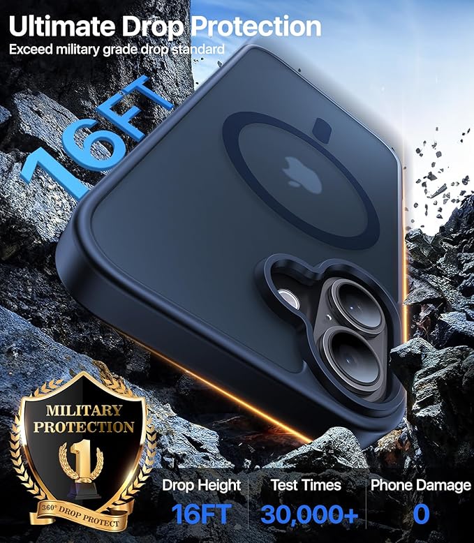Magnetic for iPhone 16 Case, [Compatible with MagSafe][Military-Grade Drop Protection][Anti-Yellowing] Shockproof Protective Translucent Matte Cover for iPhone 16 Phone Case,Midnight Blue