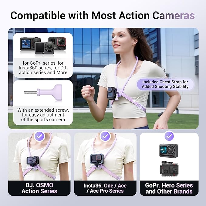 JJC Neck Mount for Gopro 13/12/11, DJI OSMO Action 5 Pro/4，Insta360 X5/X4/Ace Pro & More Action Cameras, POV Neck Holder with Quick Release for Content Creating Video Filming Women-Purple