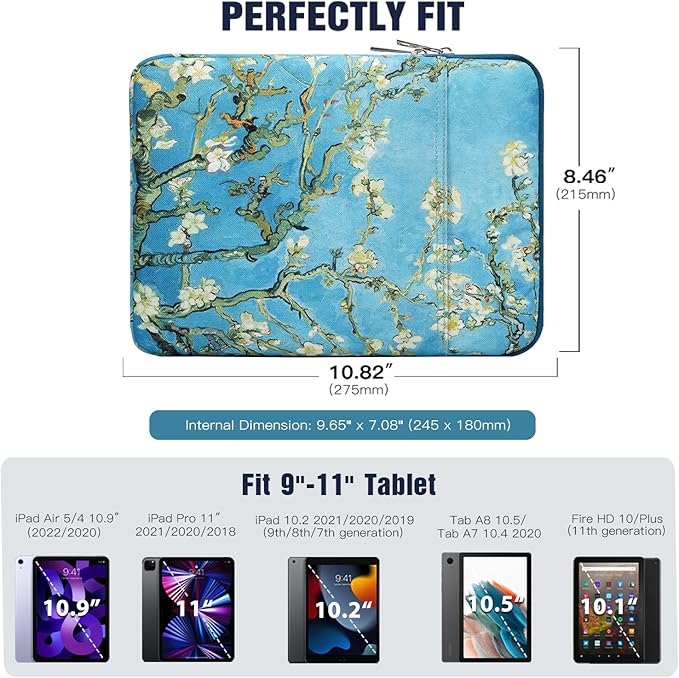 TiMOVO 9-11" Tablet Sleeve Bag for iPad 11-inch A16 2025, iPad 10.9"/10.2"| Air 11 Inch/5th/4th Gen. 10.9", Galaxy Tab A9+/A11Plus 11", Protective Bag Fit Smart Keyboard, Apricot Blossom