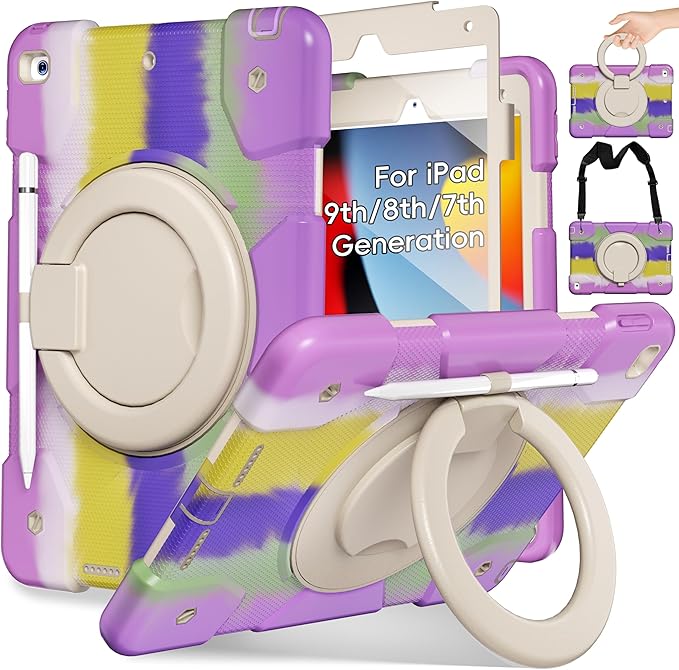 Andnary Case for iPad 9th/8th/7th Generation 10.2 inch, Shockproof Cover with Screen Protector/360° Rotating Handle/Bracket/Pen Holder/Shoulder Strap, Kid Case for iPad 2021/2020/2019(Colorful Purple)