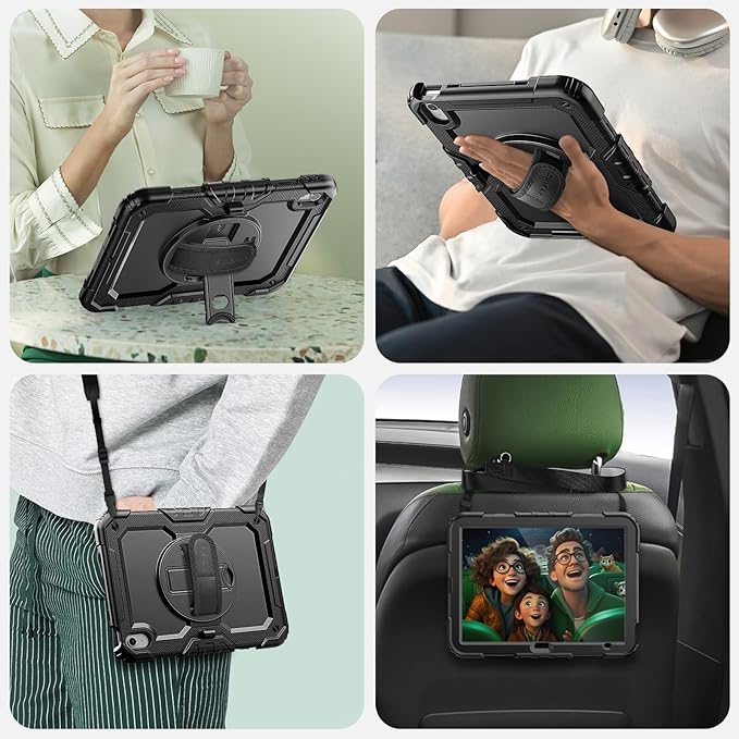 SEYMAC Case for iPad (A16) 11th/10th Generation 2025/2022 (11″/10.9″), Sturdy Heavy Duty Full-Body Shockproof Protective Case with Screen Protector, Rotating Stand, Hand/Shoulder Strap, Black