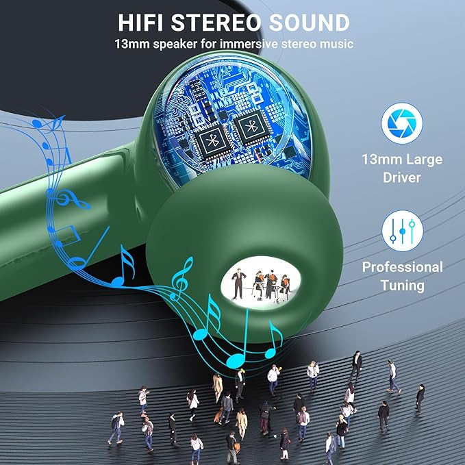 Wireless Earbuds,2024 Wireless Headphones HiFi Stereo Earphones with 4 ENC Noise Canceling Mic, 42Hs Playtime In Ear Earbud,Bluetooth 5.3 Sport Earphones with LED Power Display for Android iOS Green