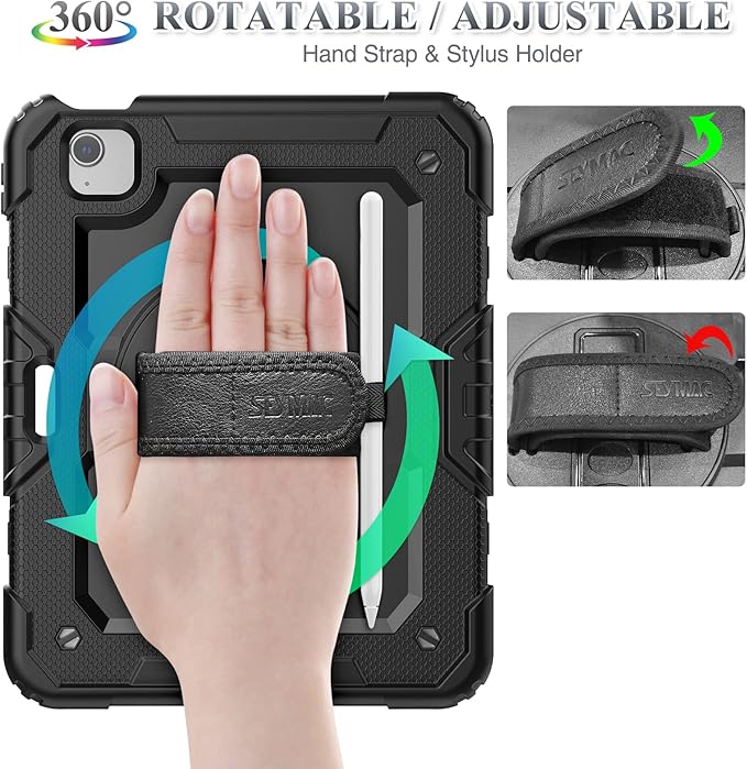 SEYMAC stock Case for iPad Air 5th/4th Generation/Pro 11 (4th/3rd/2nd) with Screen Protector Pen Holder, 360° Rotate Hand Strap/Stand Case for iPad Air 5th/4th Gen 10.9''/ Pro 11'' (Black)