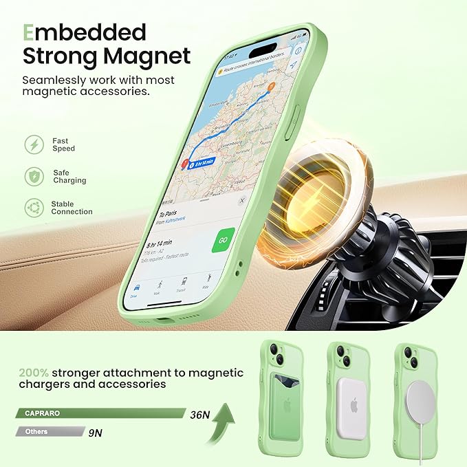 CAPRARO for iPhone 15 Case with 360° Spin Magnetic Stand for Women, [Compatible with MagSafe] [Full Camera Protection] Cute Wave Translucent Matte Case for iPhone 15, Light Green