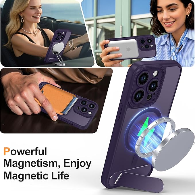Magnetic Compatible with iPhone 13 Pro Case, [Built-in Kickstand][Full Camera Protection][Compatible with MagSafe][Anti-Fingerprint] Shockproof Phone Case for iPhone 13 Pro 6.1",Purple