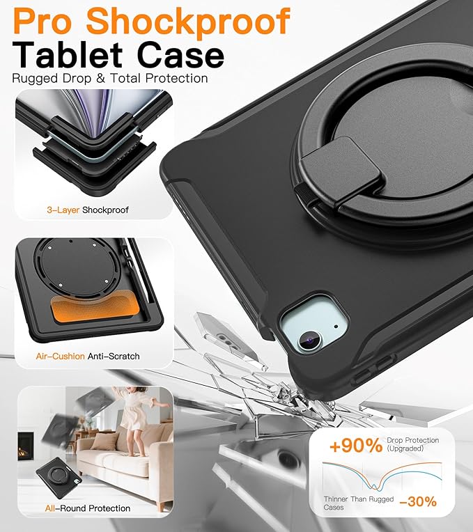 BATYUE Shockproof Case for iPad Air 11" M2/M3/M4, Air 4/5 10.9", iPad Pro 11" 1st-4th Gen 2018-2022 | 360° Multi-Angle Stand (Portrait & Landscape) & Grip, Built-in Pencil Holder, Black