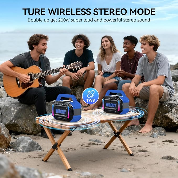 Wilody Speakers Bluetooth Wireless, 100W Loud Outdoor Speaker with Bass, IPX7 Waterproof Floatable, 20H Playtime, Wireless Charge, TWS, RGB Light, Portable Speaker for Work, Garage, Outdoor (Blue)
