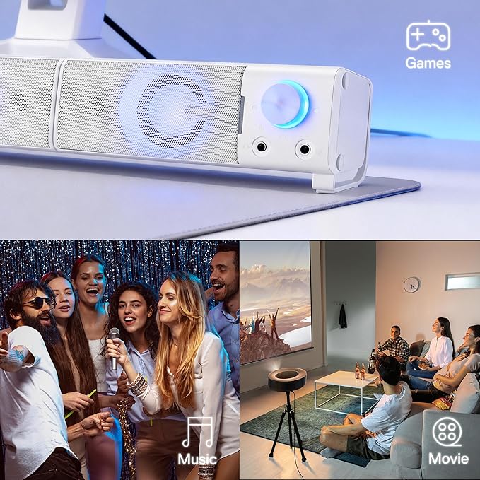 Redragon GS550 PC Gaming Speakers, 2.0 Channel Desktop Computer Sound Bar with Compact Maneuverable Size, Headphone Jack, Quality Bass & Decent Red Backlit, USB Powered w/ 3.5mm Cable, White