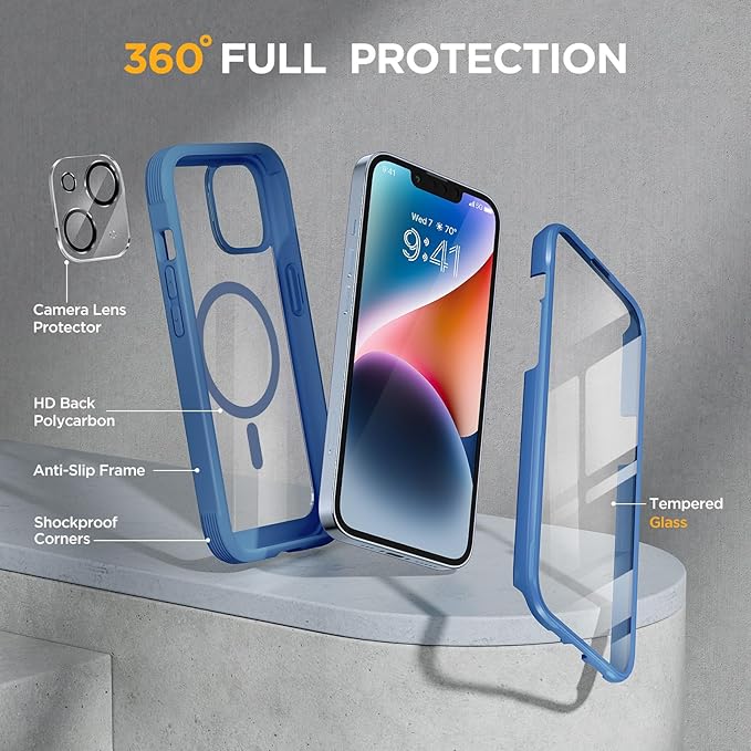 Miracase Glass Series Designed for iPhone 14 Plus Case 6.7 inch, 2023 Upgrade Full-Body Magnetic Clear Case with Built-in 9H Tempered Glass Screen Protector,Compatible with MagSafe, Capri Blue