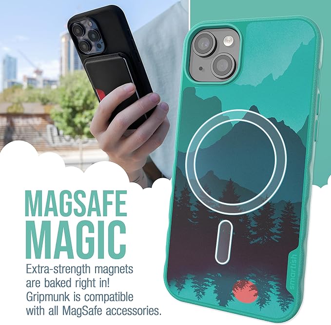 Smartish® iPhone 15 Plus Magnetic Case - Gripmunk Compatible with MagSafe [Lightweight + Protective] Slim/Thin Grip Cover with Microfiber Lining for Apple iPhone 15 Plus - Moving Mountains