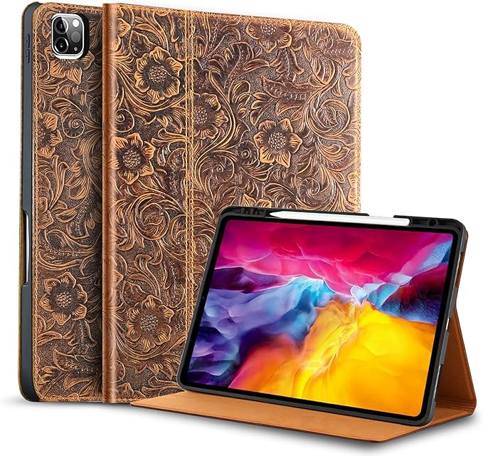 Gexmil Leather Case for iPad Pro 12.9 Inch, 6th/5th/4th/3rd Generation 2022/2021/2020/2018,Genuine Leather Folio Cover Shockproof with Stylus Holder,Auto Sleep/Wake Anti-Slip,Flower Pattern