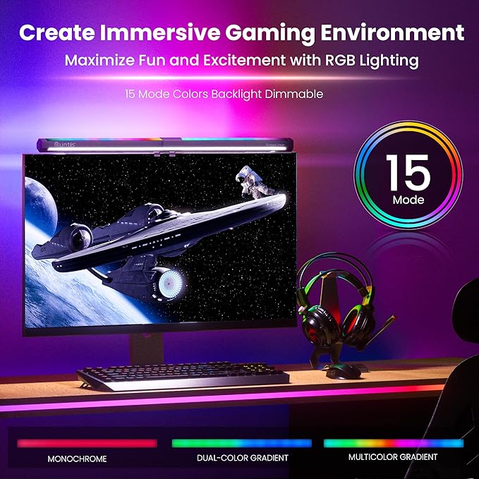 Quntis Monitor Light RGB PRO Backlight, Eye-Care Dual Light Computer Light Bar Gaming Office Desk Lamp, 15 Modes Dimmable Backlight, 3 Color Temperature Adjustable Brightness, Ra95 Screen Light Bar