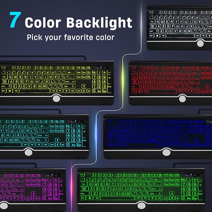 Backlit Large Print Keyboard, Wired Light Up Keyboards with 7-Color Backlit, Wrist Rest, Oversize Letters Keys Easy to See and Type, Corded Full-Size Keyboard for Windows Desktop, Laptop, PC, Gaming
