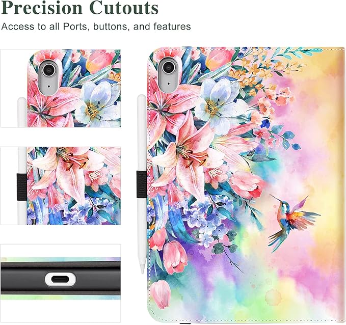 Vimorco Case for iPad (A16) 11th Generation 2025, for iPad 11th/10th Generation Case, Pencil Holder/Hand Strap/Pocket, Multiple Stand Protector Shell Cover, Auto Wake/Sleep, Hummingbird Flower