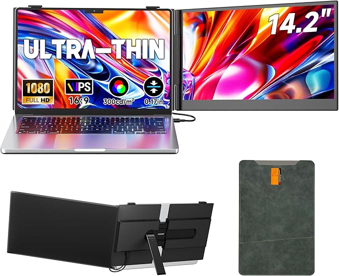Laptop Screen Extender 0.17" Ultra-Thin, 14.2" FHD 1080P IPS Portable Monitor for Laptop, Dual Screen Travel Monitor Extender Suitable for 13"-17.3" Plug & Play for Windows/Mac/Android/Switch/PS-5