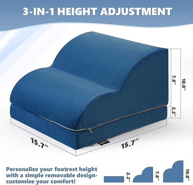 Removable & Washable Foot Rest for Under Desk, 2-Tier Adjustable Foot Stool for Office and Home, Ergonomic Footrest for Seating Comfort at Work/Study (Machine Washable Cover-Blue)