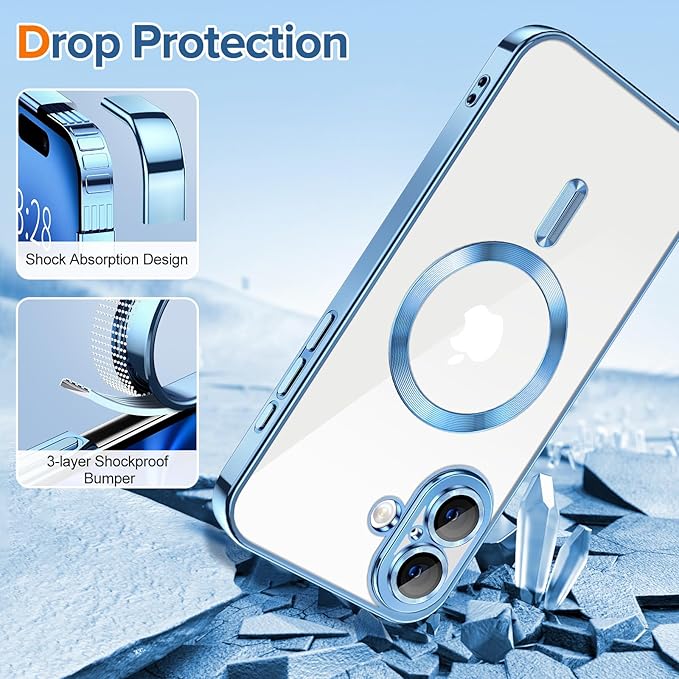 Hython Magnetic Clear for iPhone 16 Case with Camera Lens Protector [Compatible with MagSafe] Luxury Plating Edge Slim Soft TPU Cover Protective Phone Case for iPhone 16 6.1", Light Blue