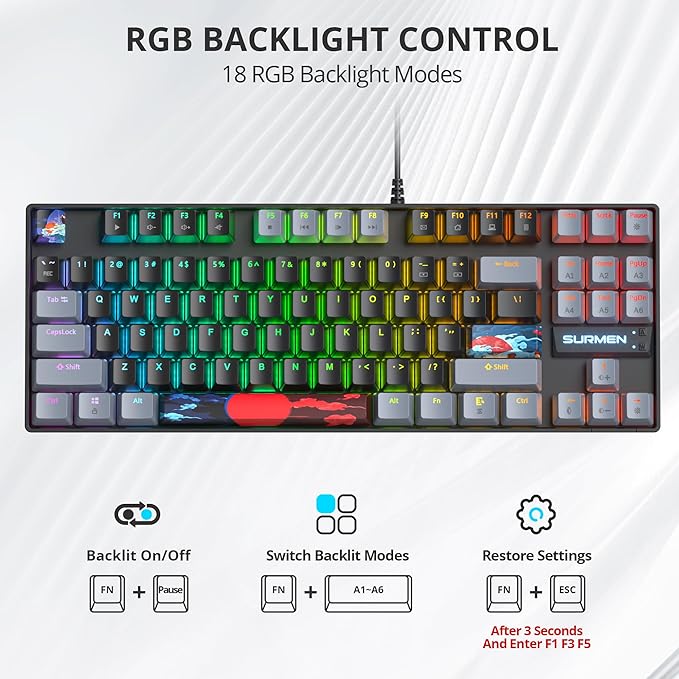 75% Mechanical Gaming Keyboard with Red Switch, RGB LED Backlit Keyboard Black, 87 Keys Compact TKL Wired Computer Keyboard for Windows Laptop PC Gamer (87 Dark)