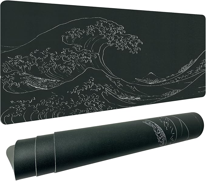 Japanese Gaming Mouse Pad Abstract Black Mouse Pad Clearance Overstock Limited Stock Discontinued Size 31.5x11.8 Inch Black Sea Wave Texture Non-Slip Keyboard Mouse Mat