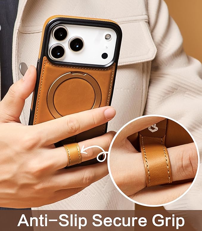 Butaiga for iPhone 17 Pro Leather Case with Stand, Anti-Slip Grip Ring, Fits for MagSafe (Brown, iPhone 17 Pro)