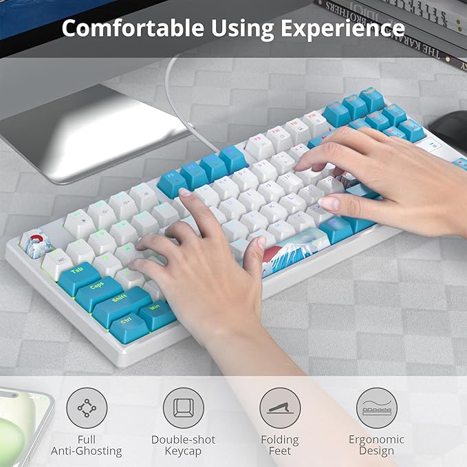 75% Mechanical Gaming Keyboard with Red Switch, RGB LED Backlit Keyboard White and Blue, 87 Keys Compact TKL Wired Computer Keyboard for Windows Laptop PC Gamer (87 Sea)
