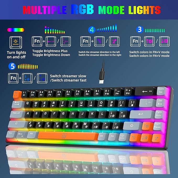 Snpurdiri 60% Percent Gaming Keyboard, Compact RGB Backlit Small Gaming Keyboard for Windows, PC, Laptop (68 Keys, Black-Grey-Orange)