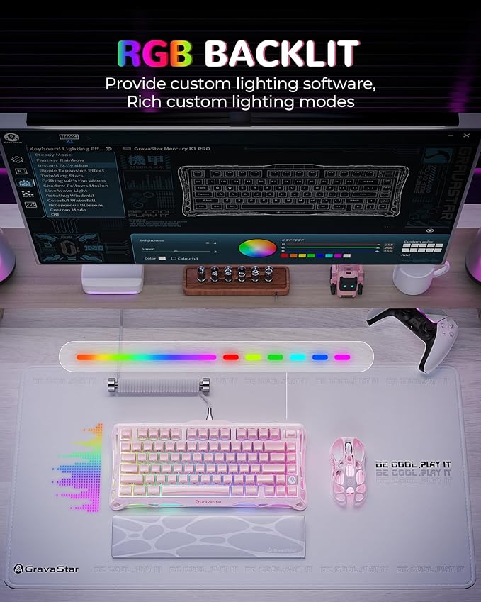 GravaStar Mercury K1 75% Pink Wireless Keyboard, Aluminum Alloy Exoskeleton Design Mechanical Gaming Keyboard, Gasket Hot-Swap Socket, Linear Switches, RGB Backlit