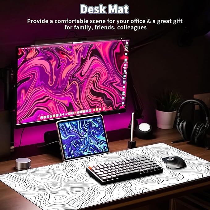 Topographic Map Large Mouse Pad, Black and White Desk Pad for Keyboard and Mouse, 35.5" X 15.75" Computer Gaming Mouse Mat 3mm Thick XXL Rubber Mousepad for Laptop Gamer, White Lines Contour