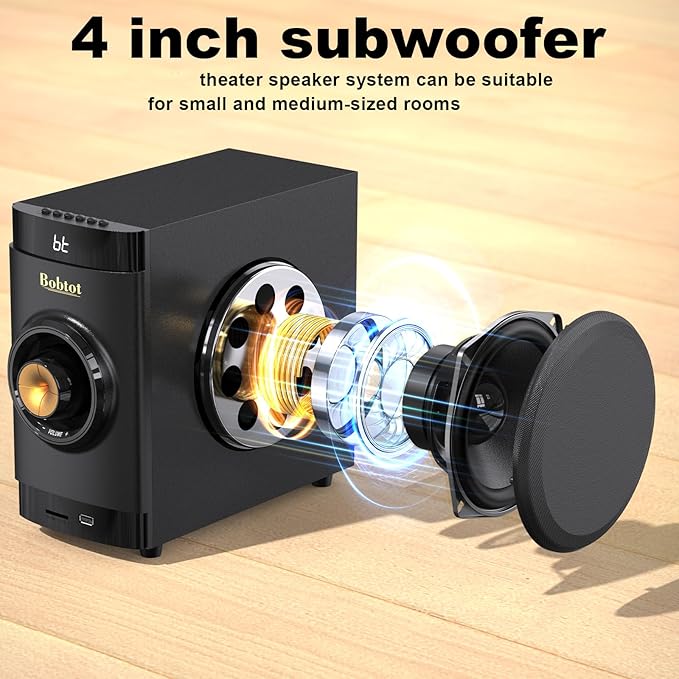 Bobtot Small Subwoofer Home Theater for TV Surround System 5 Wired Speakers Amplifier 4 inch Woofer Built-in Receiver Support ARC Optical Bluetooth Input for Projector