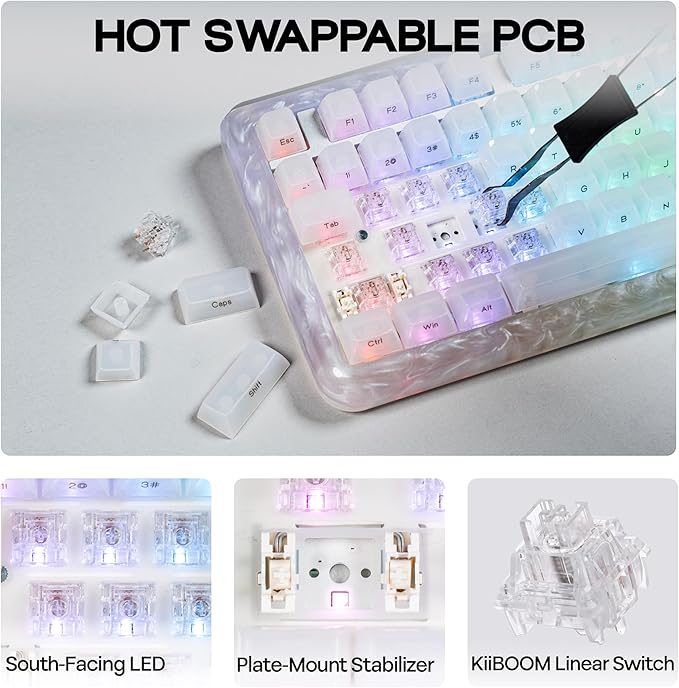 KiiBoom Jade75 75% Resin Molding Mechanical Keyboard, BT5.0/USB-C/2.4GHz Wireless Gaming Keyboard, QMK&VIA Programmable, RGB Backlits, Hot-Swappable, CNC+UV Case for Windows/Mac/Linux (White)