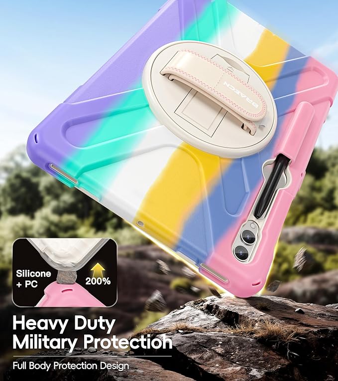 BRAECN for Samsung Galaxy Tab S10+ Plus/S9+/S9 FE + /S8+ Plus/S7 +Plus /S7 FE 12.4 Inch,Heavy Duty Shockproof Case with S Pen Holder&360 Rotating Hand Strap/Kickstand/Shoulder Strap -Rainbow