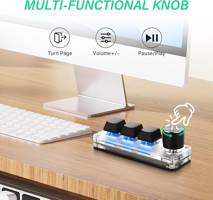 SinLoon Mini Programmable Mechanical Keyboard with 3 Keys & 1 Control Knob for Macro Shortcuts | PC Setup for Multi-Device Use | Portable, Hot-Swappable Macro Keyboard for Gaming, Office, Bea