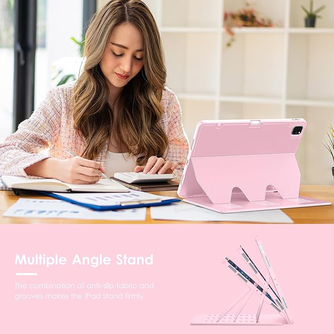 VIKESI Case for iPad Pro 12.9 6th / 5th / 4th / 3rd Generation Case 2022/2021/2020/2018,Multiple Angles Magnetic Stand Cover,Shockproof Soft Back,Pencil Holder,and Auto Sleep/Wake,Pink