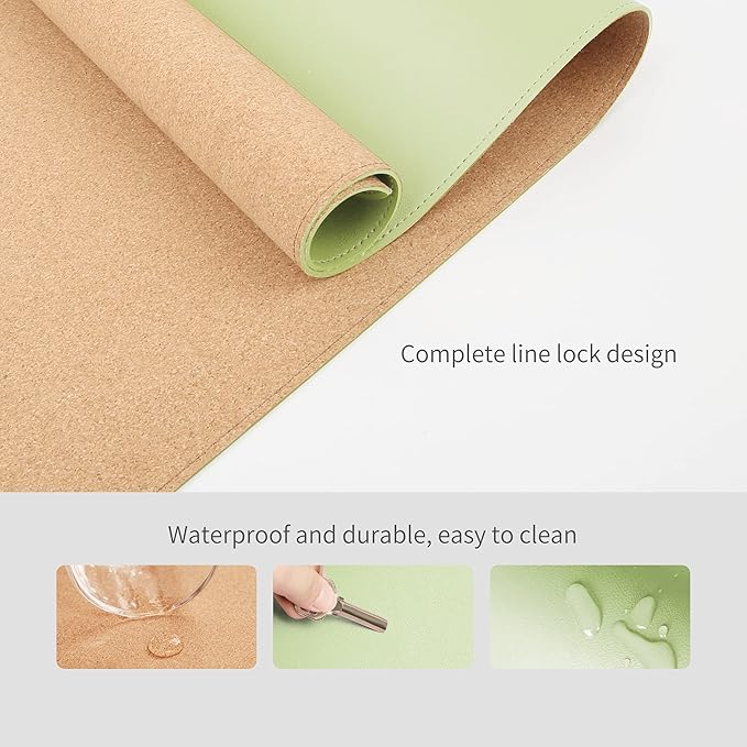 RENMTURE Dual-Sided Mouse Pad, Natural Cork & PU Leather Large Desk Pad for Office and Home Work, Desk Protector Non-Slip, Waterproof, Easy Clean (Light Green, 32"x16")