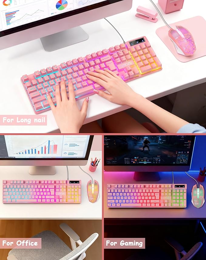 CHONCHOW Pink Gaming Keyboard and Mouse Combo with LED, 104 Keys Wired Light Up Pink Keyboard and Cute Mouse Set for PC Laptop Computer PS4 PS5 Xbox, 19 Keys Anti-ghosting, Multimedia Keys, Number Pad