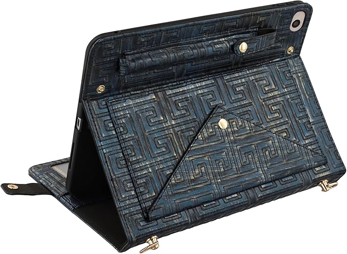 Handbag Case for iPad mini 5th 4th 3rd 2nd 1st Generation (Prior to 2019) - Techcircle Vintage Pattern Crossbody Folio Stand Wallet Case with Pencil/Card Holder, Hand Grip/Shoulder Strap, Retro Navy