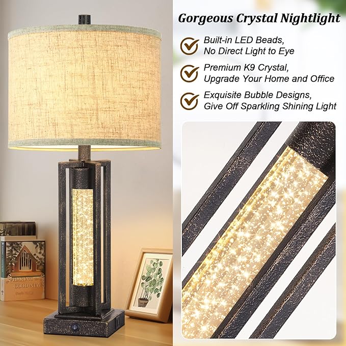 TOBUSA 26’’ Farmhouse Table Lamp for Living Room, Rustic Vintage Tall Nightstand Lamp for Bedroom with 2 USB Ports and Crystal Night Light, Retro Bedside Lamp for End Table Entryway Home Deco, Bronze