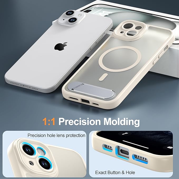 Magnetic Compatible with iPhone 15 Plus Case, [Built-in Kickstand][Full Camera Protection][Compatible with MagSafe][Anti-Fingerprint] Shockproof Phone Case for iPhone 15 Plus 6.7",Beige