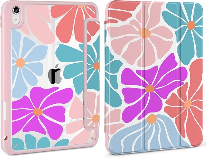Case for iPad Air 11 inch M4 2026 M3 2025 M2 2024,iPad Air 5th (2022) / 4th (2020) 10.9 Inch Clear Back Shell Lightweight TPU Edge Trifold Stand Auto Wake Sleep Cute Cover, Stylized Flowers