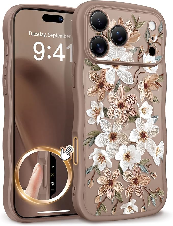 GVIEWIN for iPhone 17 Pro Max Case Compatible with MagSafe [Curly Wave Edge][Full Camera Protection] Floral Translucent Shockproof Magnetic Women Phone Case for 17 Pro Max, Dogwood/Brown