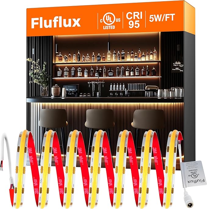 COB LED Strip Lights 2700K, 330+LM/FT, 24V DC LED Tape Light with Strong VHB Backing, CRI 95, UL Listed, Cuttable, Dimmable, Bendable for Bars, Restaurants, Cozy Ambiance (NO Power Supply)