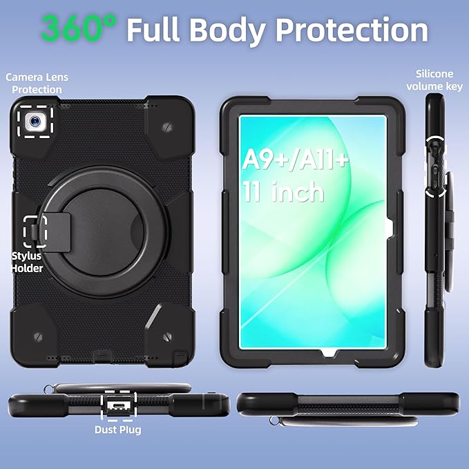Andnary Case for Samsung Galaxy Tab A11+ Plus/A9+ 11 Inch 2025/2023, Tablet Case for Samsung Galaxy A9 Plus/A11+ with Screen Protector/360° Rotating Stand/Pen Holder/Shoulder Strap (Black)