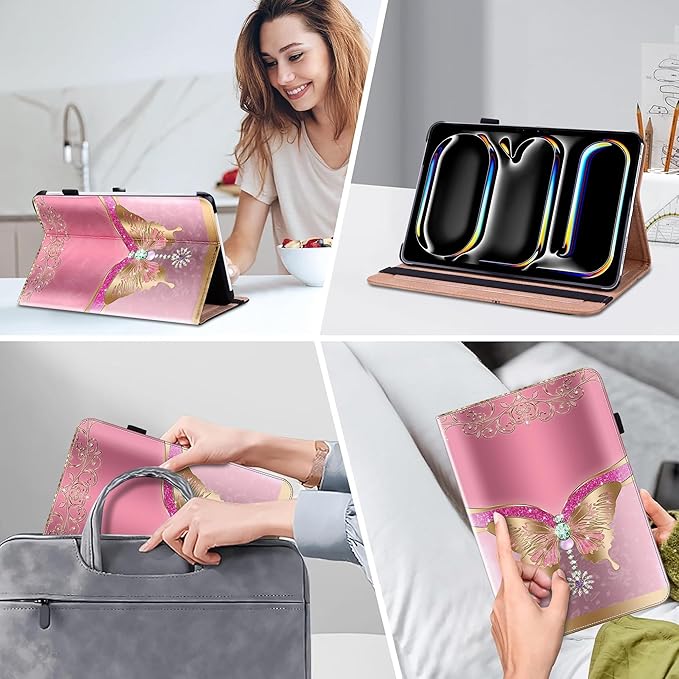 Case for iPad Pro 13 inch (M5/M4) 2025/2024, Premium Leather Folio Stand Protectors Cover with Auto Wake/Sleep, Pencil Holder, Hand Strap and Card Slots - Pink Butterfly