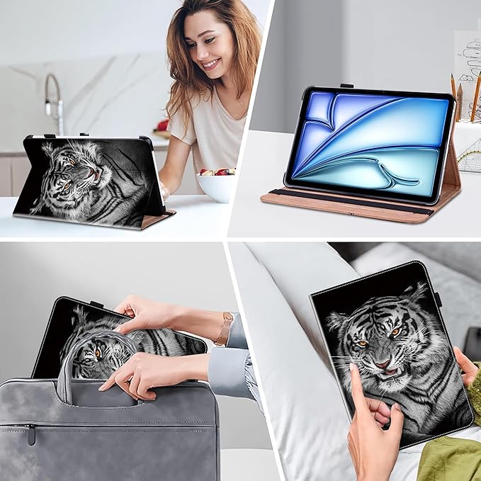 Compatible with iPad Air 11 Inch Case 8th/7th/6th Generation (M4/M3/M2) 2026/2025/2024, for iPad Air 5th/4th Generation Case 10.9 Inch 2022/2020 with Pencil Holder & Card Slots - Black Tiger
