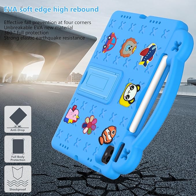 for Apple iPad Pro 11 Inch Kids Case (M5/M4) 2025/2024 with Pencil Holder/Kickstand/Handle Stand Slim Lightweight Cute DIY Soft EVA Shockproof Rugged Silicone Girls Boys Cover, Sky Blue Bear