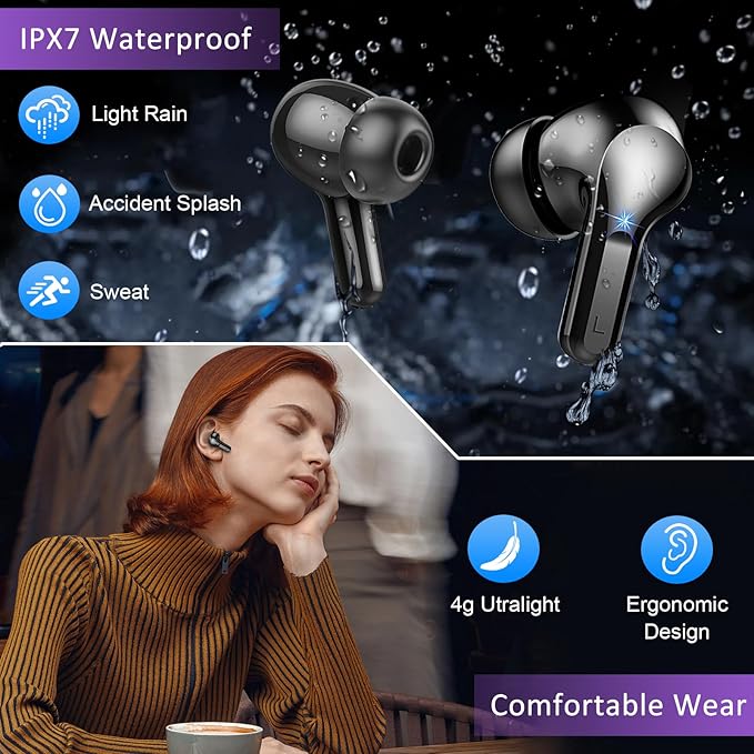 Wireless Earbuds, 48Hrs 2026 Bluetooth Headphones, Hi-Fi Stereo Deep Bass Ear Buds, ENC Noise Cancelling Mic, Clear Calls, IP-X7 Waterproof, USB Sport Earphones in Ear for Phones Laptop Pad, Black
